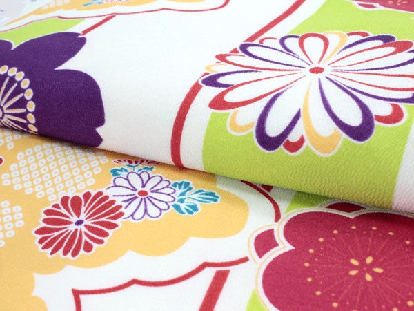 洗える着物 袷 4点セット Lサイズ 白×黄緑 ストライプ地 花尽し 桜 梅 菊 雲取り 縞 レトロ 小紋 名古屋帯 正絹 帯揚げ 帯締め レディース カジュアル 女性 アンティーク風 着物 和服 和装 あす楽 送料無料 フク