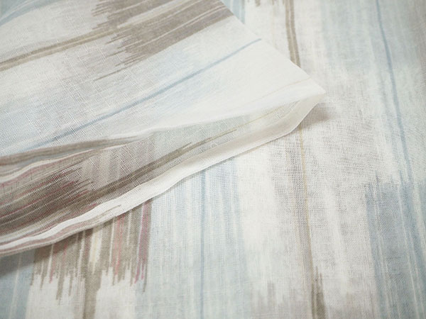 夏着物 洗える 単品 レディース 紗 Lサイズ オフホワイト地 水色 茶色 刷毛目模様 仕立上り 丸洗い 洗濯可能 和装 和服 夏きもの ポリエステル 小紋