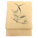 京やI554 麻の帯 夏の名古屋帯 麻の名古屋帯 夏帯 盛夏・単衣兼用 なごや帯 長尺 ロングサイズ 蟹 カニ 笹 手描き 落款有り 作家物 天然繊維 夏着物 ...