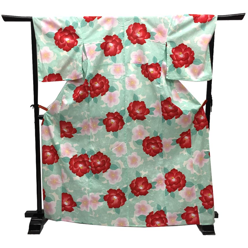 京やI438　浴衣　椿　水色　桜の花　夏の着物　オトナ女子の浴衣　綿100％　 夏 浴衣　美品　仕立て上がり　ゆかた　YUKATA　送料無料 1