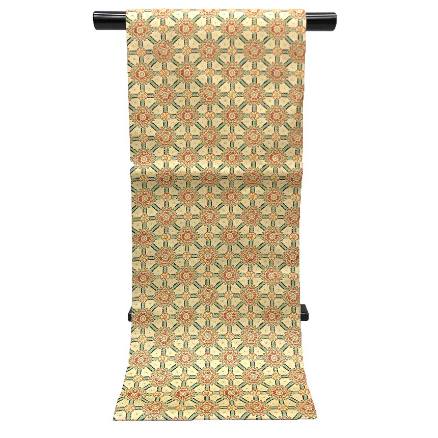 京やK445 正絹 名古屋帯 龍村美術織物 たつむら 全通帯 全通開き名古屋 小蜀紅錦文様 卵色 イエロー フ..