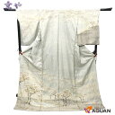 【アウトレット 展示品】京やN037 正絹 反物 仮絵羽仕立て訪問着 正絹八掛付丹後ちりめん 変わり織 白鳥 松 桜 芒 洋画 ライトブルー×ベージュ系未仕立て リサイクル着物【新古品】【中古】