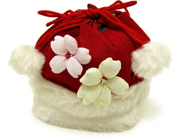 七五三 3才 5才 7才 女の子 ちりめん生地 ファー付き 巾着 花飾りモチーフ付き 絞り部分 正絹 お正月 浴衣などにも