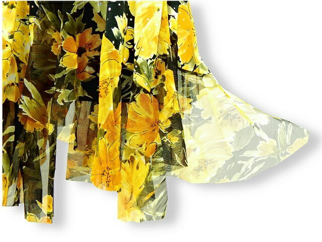 【送料無料】【ダンス・カラオケの発表などに最適♪】　花柄切り替え　裾チュール　フレアスカート柄チュール部分の透け感と揺れ感が綺麗なスカートです。　ストレッチ素材で動きやすい！
