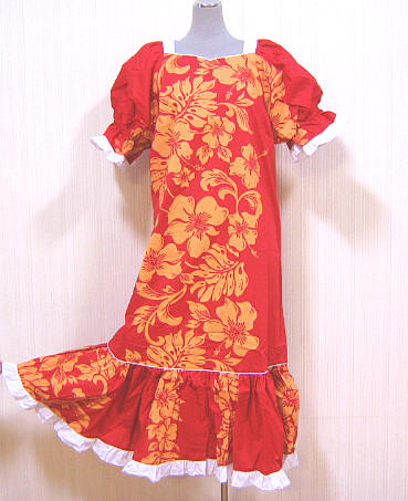 【訳あり】【送料無料】4サイズございます。フラダンスドレス ワンピース 朱赤地にカラシ色のハイビスカス