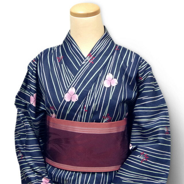 そしてゆめ 日本製 ブランド浴衣 京友禅 縦絽織り 女性用 涼しい 夏 着物 綿100% お仕立て上がり 紺色地に花・細縞柄　京友禅の良い染め、良い生地の浴衣です。 古典柄 レディース 浴衣 あす楽 送料無料