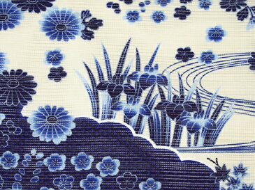 日本製 浴衣 生地 反物 単品 ごく薄い生成り色(ごく薄いクリーム)地に濃紺の山水画風柄(梅・菊・楓・菖蒲) 女性用 綿100% 横絽織り オーダー仕立て可 身長170cm位、裄75cm位まで対応出来ます。(仕立てなしの場合、あす楽対応できます。)レディース 女物 教材用にも。