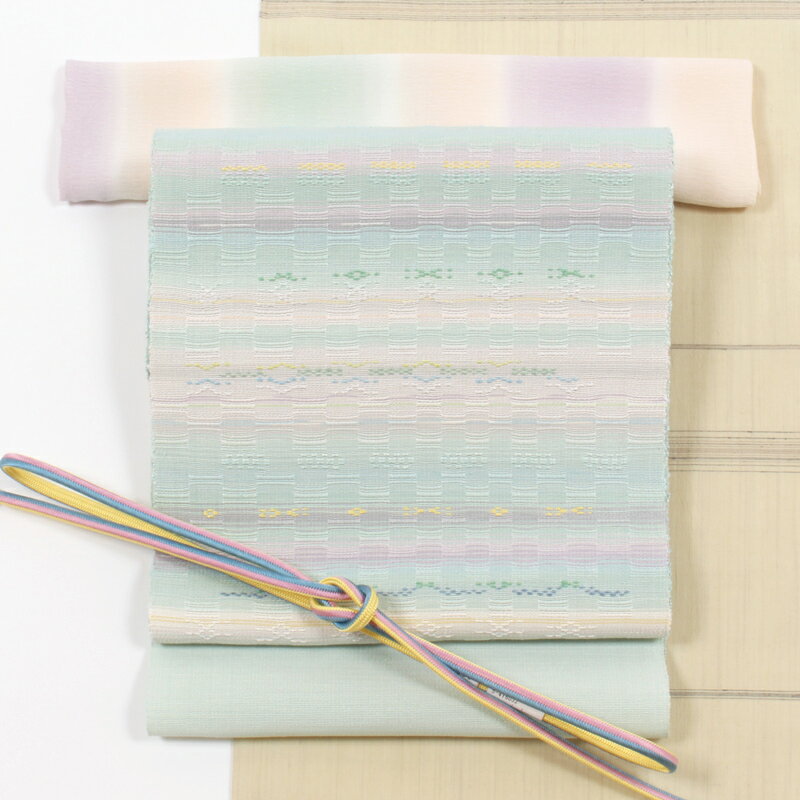 首里道屯織(ロートン織) 特選花織八寸帯 手織り おしゃれ八寸名古屋帯 水色地 首里花織 琉球