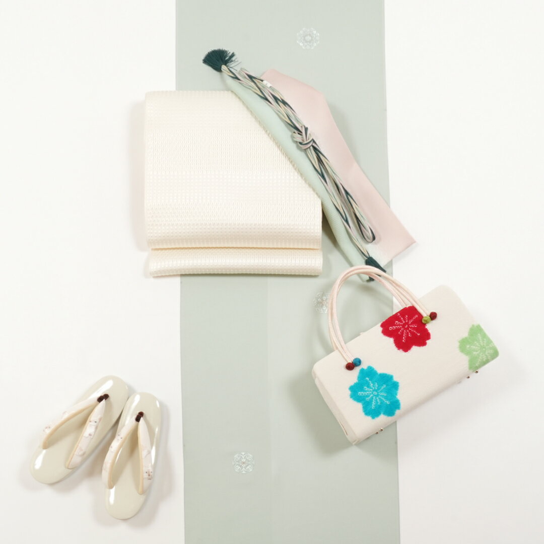 着物 セット 正絹 菱健グリーン刺繍小紋（単衣仕立て付き）× 本筑博多織八寸帯（白）（仕立て付）【お仕立て付き】菱健グリーン刺繍小紋 & 【西村織物】八寸帯 着物セット カジュアル