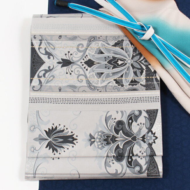 【12/4 20:00〜★最大半額！決算SALE】名門「となみ織物」特選創作袋帯 紹巴織(しょうは織) 「横段更紗文」白鼠地 モノトーン フォーマル袋帯