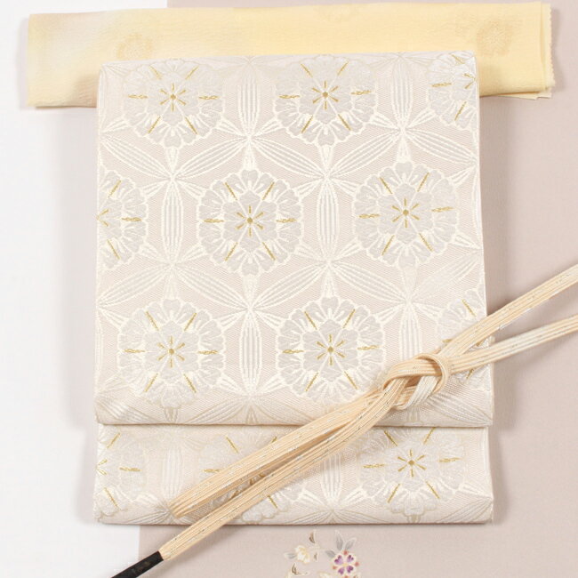 【11/3 20:00-★秋の大感謝セール】名門「河合美術織物」特選西陣袋帯 フォーマル袋帯 「六宝花丸文」銀地・ベージュ