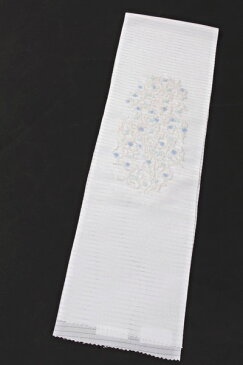 【夏用・絽】【刺繍半襟】 特選手刺繍ビーズ半襟 白/葡萄唐草文(白水色刺繍) 洗える半衿 ポリエステル 豪華な刺繍 【日本製】