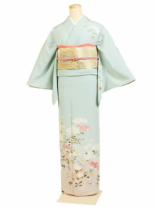 【伊敷あて直し】レンタル 訪問着 単衣 夏物 身長：150〜160cm 正絹 水色系 母親 着物 結婚式 お宮参り as-0041
