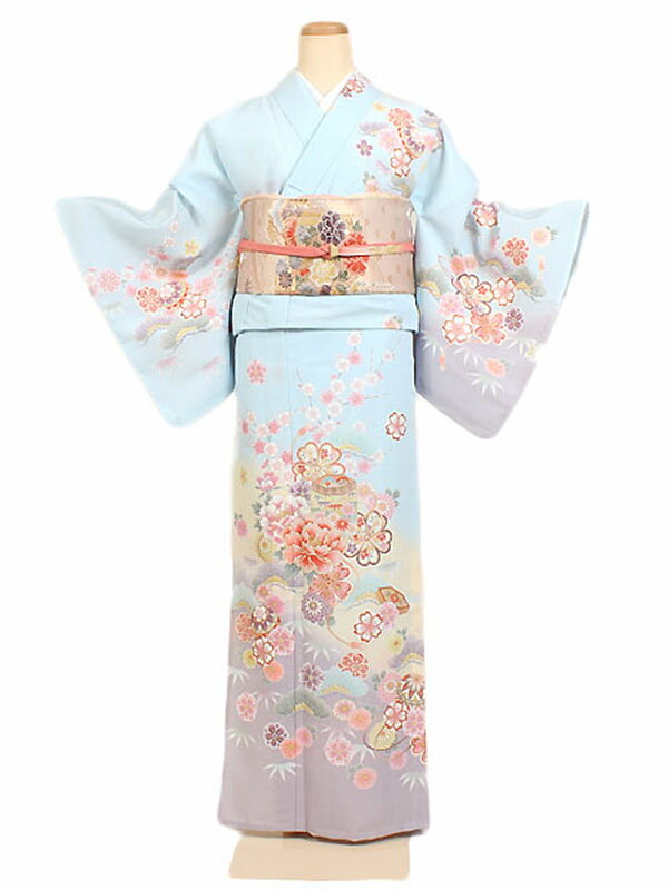 レンタル 訪問着 広幅 単衣 夏物 身長：150～160cm 青系 母親 着物 結婚式 お宮参り 大きいサイズ as-0060