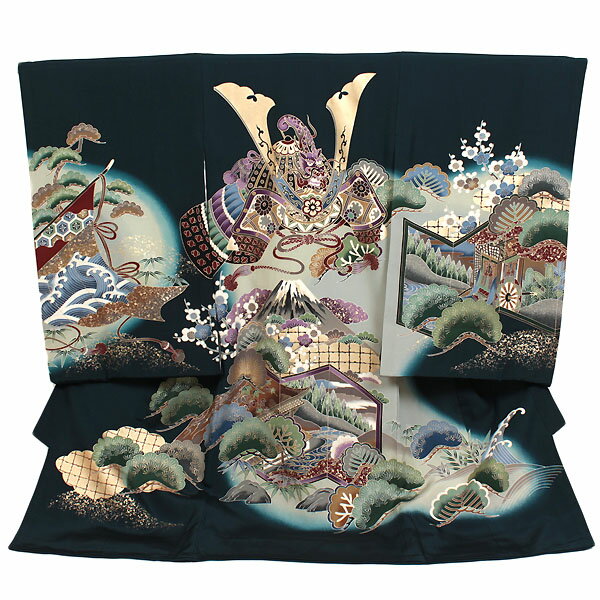 レンタル 初着 男児 深緑系 兜/富士山 お宮参り 産着 着物 男の子 ベビー 赤ちゃん b-0036