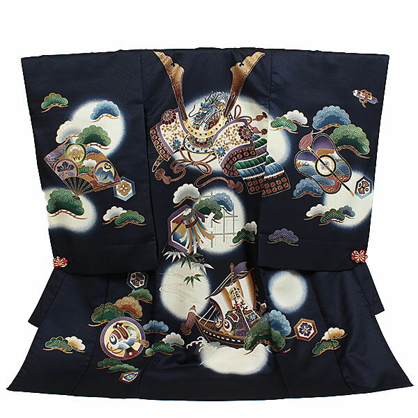 レンタル 初着 男児 単衣 夏物 紺系 兜/宝船 お宮参り 産着 着物 男の子 ベビー 赤ちゃん b-124