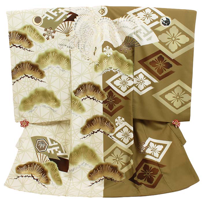 レンタル 初着 男児 JAPANSTYLE 茶系 鷹/老松 お宮参り 産着 着物 男の子 ベビー 赤ちゃん b-0256