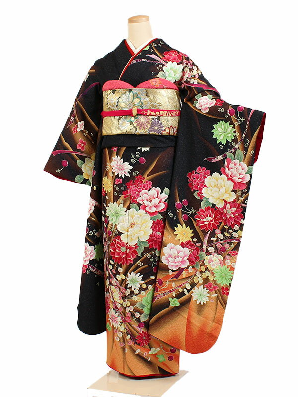 【レンタル】【振袖レンタル 黒系 牡丹・菊・チェリー など】正絹 振袖 レンタルフルセット ふりそで 振袖セット レンタル振袖 振り袖 結婚式 披露宴 親族 卒業式 パーティー 結納 着物レンタル 貸衣装 女性 和服 華やか 晴れ着 往復送料無料 f107