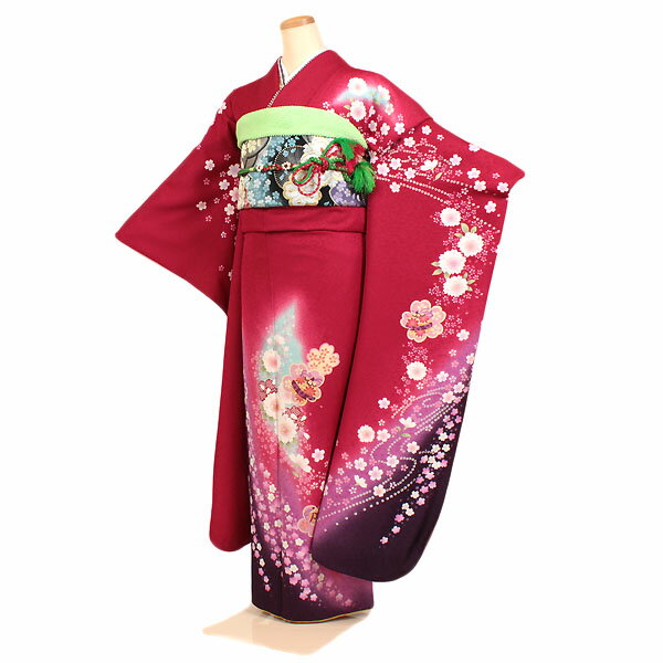【レンタル】【振袖レンタル 赤系 桜流し】 正絹 振袖 レンタル フルセット ふりそで 振袖セット レンタル振袖 振り袖 結婚式 披露宴 親族 卒業式 パーティー 結納 着物レンタル 貸衣装 女性 和服 安い 往復送料無料 f174
