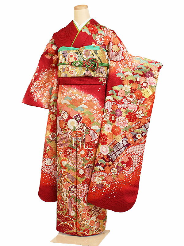 【レンタル】【振袖レンタル YUMIKATSURA 桂由美 赤系 貝桶に四季花】正絹 振袖 レンタルフルセット ふりそで 振袖セット レンタル振袖 振り袖 結婚式 披露宴 親族 卒業式 パーティー 結納 着物レンタル 貸衣装 女性 和服 華やか 晴れ着 往復送料無料 f349