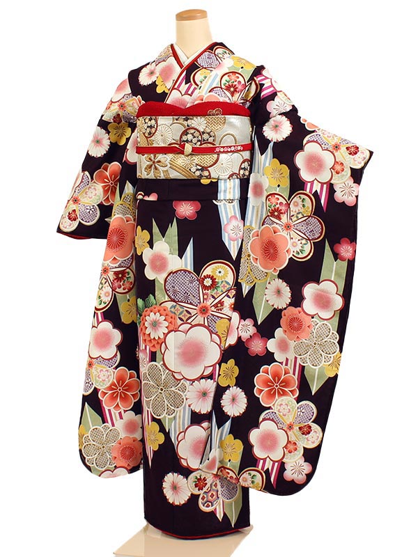 【レンタル】【振袖レンタル 濃茶系 桜に矢羽根 小紋柄】振袖 レンタルフルセット ふりそで 振袖セット レンタル振袖 振り袖 結婚式 披露宴 親族 卒業式 パーティー 結納 着物レンタル 貸衣装 女性 和服 華やか 晴れ着 往復送料無料 パープルブラウン f467