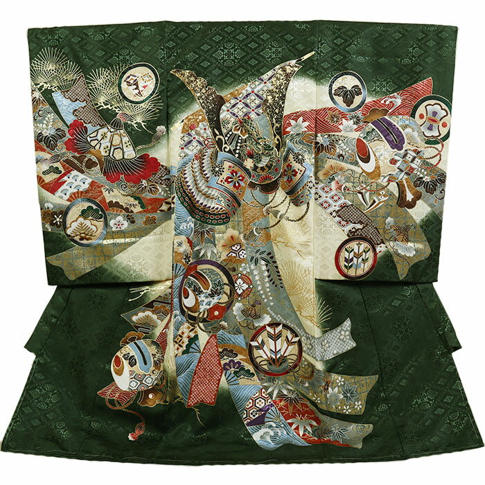 レンタル 初着 男児 単衣 夏物 濃緑系 兜/熨斗 お宮参り 産着 着物 男の子 ベビー 赤ちゃん b-381