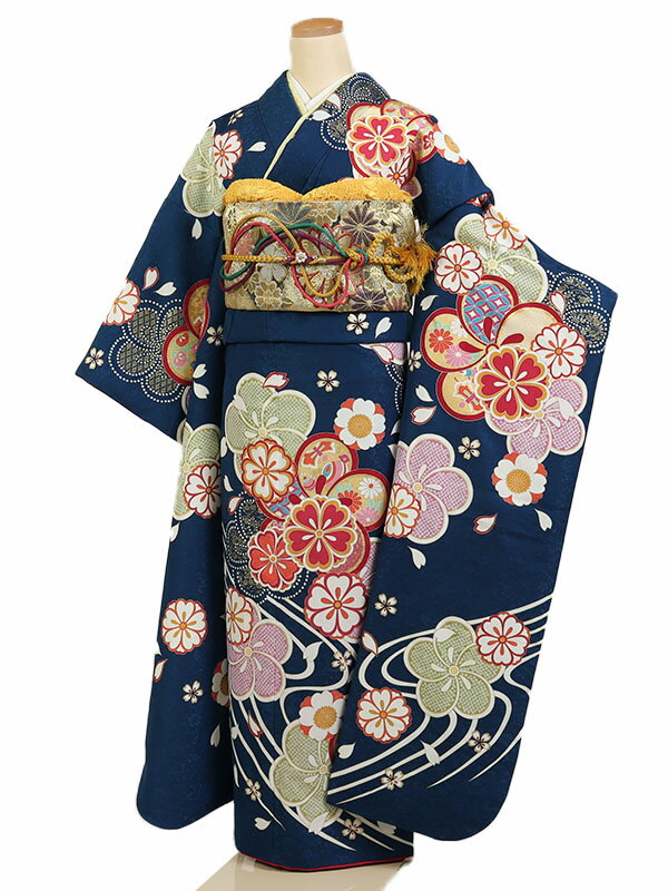 【レンタル】【振袖レンタル 紺系 ねじり梅に桜花】振袖 レンタルフルセット ふりそで 振袖セット レンタル振袖 振り袖 結婚式 披露宴 親族 卒業式 パーティー 結納 着物レンタル 貸衣装 女性 和服 華やか 晴れ着 往復送料無料 f514