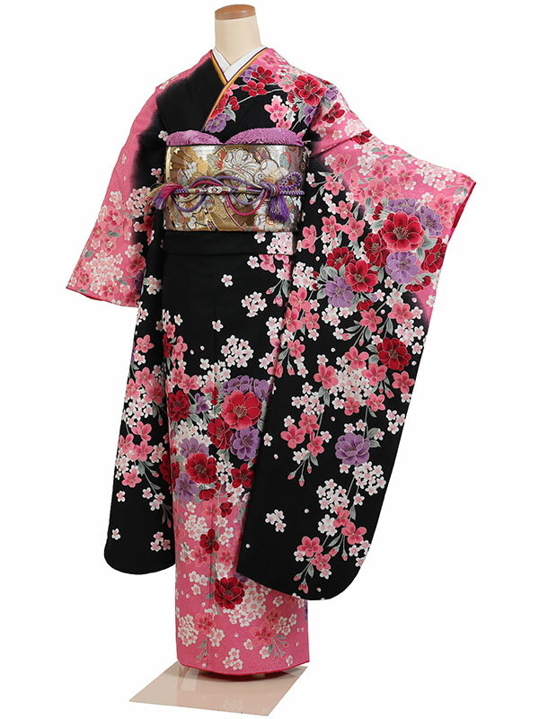 【レンタル】【振袖レンタル 黒系 四季花】振袖 レンタルフルセット ふりそで 振袖セット レンタル振袖 振り袖 結婚式 披露宴 親族 卒業式 パーティー 結納 着物レンタル 貸衣装 女性 和服 華やか 晴れ着 往復送料無料 f608
