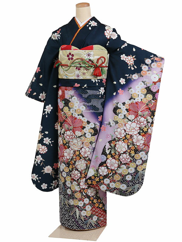 【レンタル】【振袖レンタル・広幅 鉄紺系 四季花・古典柄】振袖 レンタルフルセット ふりそで 振袖セ..