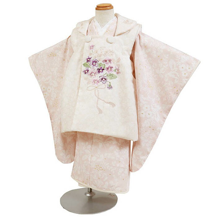 【レンタル】【七五三着物レンタル 3才女児 Kamishibai アイボリー×薄ピンク 草花柄】ブランド新作七五三 被布着物 3歳 被布セット 753 ひな祭り...