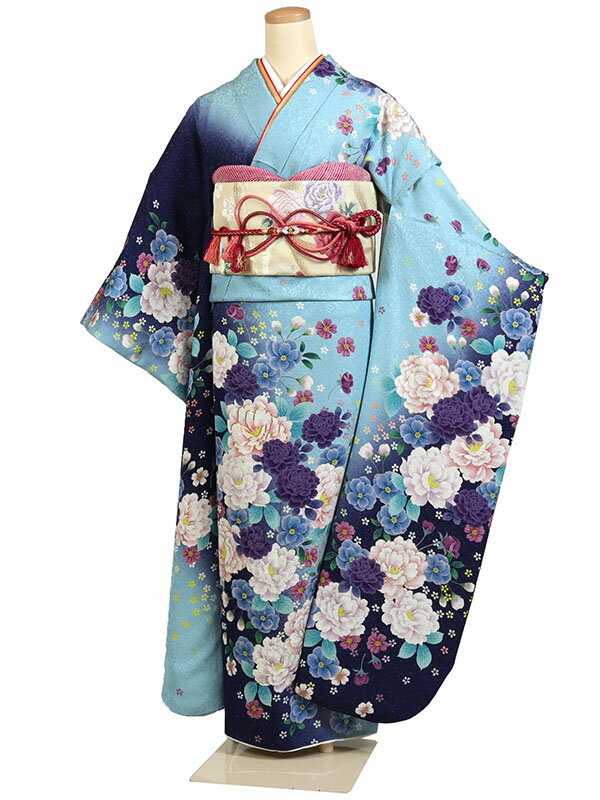【レンタル】【成人式振袖レンタル 水色系 牡丹・四季草花】正絹 成人式振袖 振袖レンタルフルセット 振袖 レンタル 振袖フルセット ふりそで レンタル 振袖 振り袖 furisode 成人式レンタル 成人式着物レンタル 貸衣装 かわいい 往復送料無料 f725s