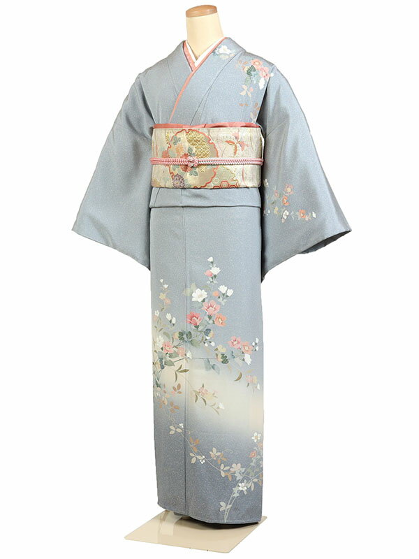 【レンタル】【訪問着 京友禅 グレー系 たたき染め・四季草花】正絹 訪問着レンタル 訪問着セット レンタル訪問着 着物レンタル 貸衣装 結婚式 入学式 卒業式 お宮参り 七五三 お母さん ママ 母親 パーティー 結納 お茶会 安い 往復送料無料 h774