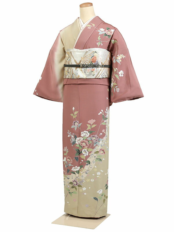 【レンタル】【訪問着 手描き友禅 ピンク・ベージュ系 四季花】正絹 訪問着レンタル 訪問着セット レンタル訪問着 着物レンタル 貸衣装 結婚式 入学式 卒業式 お宮参り 七五三 お母さん ママ 母親 パーティー 結納 お茶会 安い 往復送料無料 h837