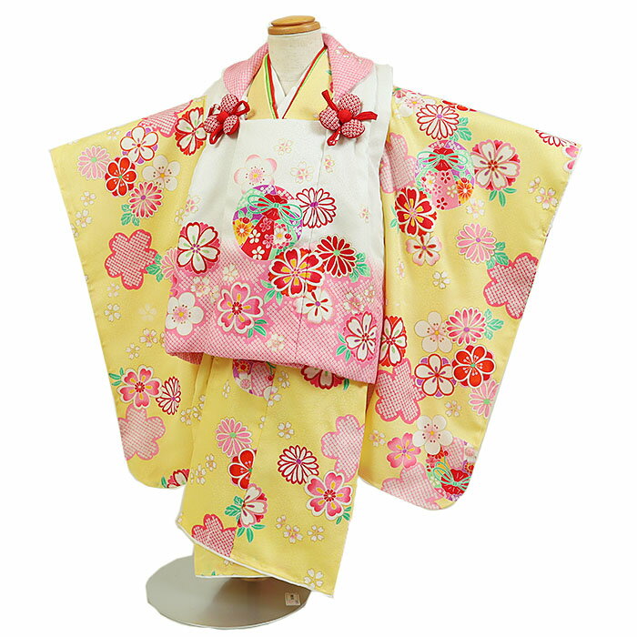 【レンタル】【七五三着物レンタル 3才女児 黄×白 鈴 四季花】七五三 被布着物 3歳 被布セット 753 ひな祭り 貸衣装 子供 レンタル 女の子3歳被布セット かわいい おしゃれ こども着物 往復送料無料 hifu-105
