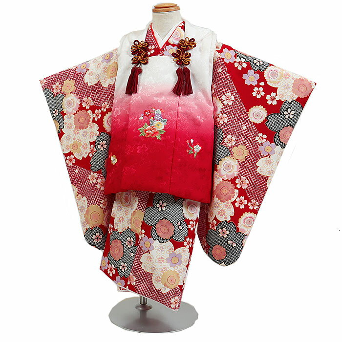 【レンタル】【七五三着物レンタル 3才女児 白系×赤 桜・四季花】七五三 被布着物 3歳 被布セット 753 ひな祭り 貸衣装 子供 レンタル 女の子3歳被布セ...