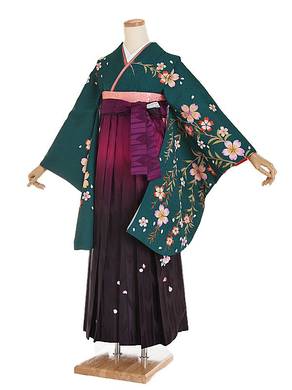 【レンタル】【卒業式袴 緑・桜×紫ぼかし袴】卒業式 袴 レンタル 女 身長153〜158cm 卒業袴 女袴 卒業式袴セット 大学生 短大 教員 先生 二尺袖袴フルセット 専門学生 謝恩会 高校 文化祭 個性 モダンポップ おしゃれ 被らない 往復送料無料 n203