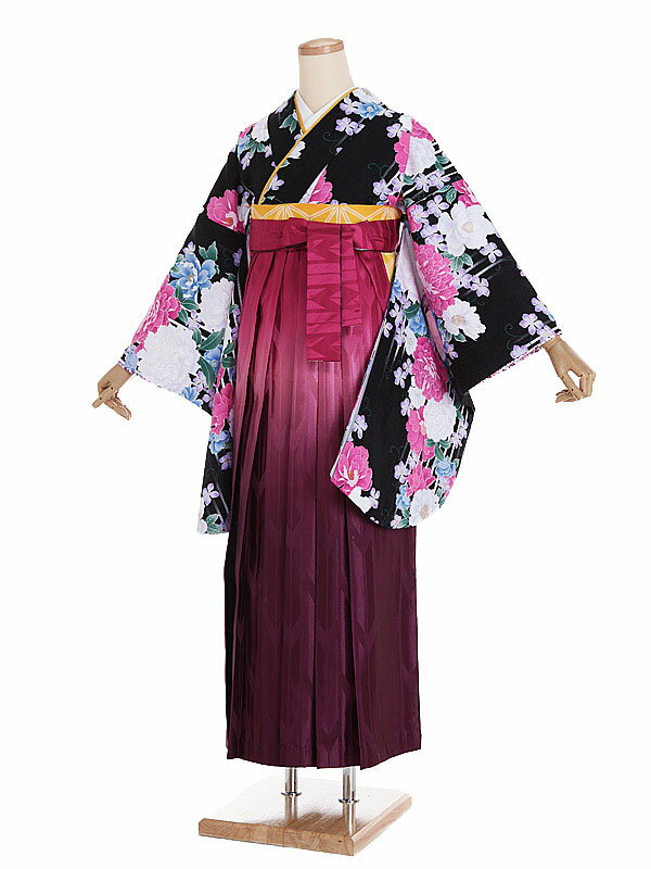 【レンタル】【卒業式袴 黒・四季花×刺繍・赤紫袴】卒業式 袴 レンタル 卒業袴 女袴 卒業式袴セット 大学生 短大 教員 先生 二尺袖袴フルセット 専門学生 謝恩会 高校 文化祭 個性 おしゃれ 被らない 往復送料無料 n344