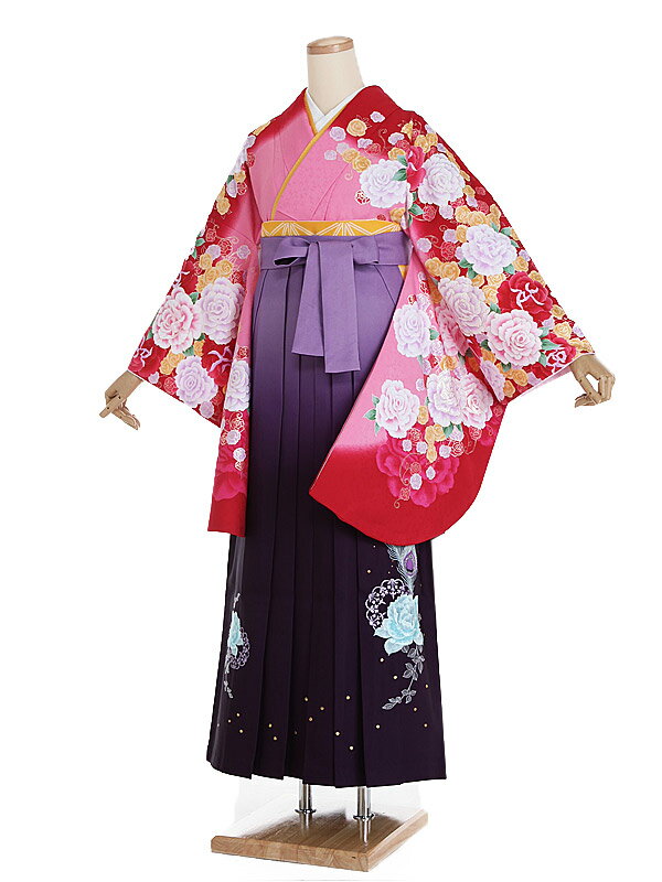 【レンタル】【卒業式袴 赤ピンク・バラ×刺繍・紫袴】卒業式 袴 レンタル 卒業袴 女袴 卒業式袴セット 大学生 短大 教員 先生 二尺袖袴フルセット 専門学生 謝恩会 高校 文化祭 個性 おしゃれ 被らない 往復送料無料 n345