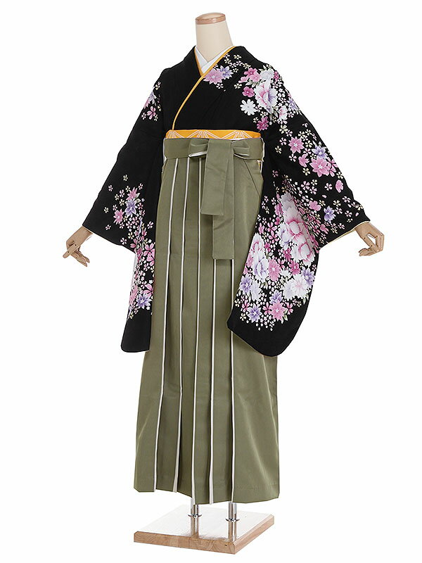 【レンタル】【卒業式袴 黒・四季草花×カーキ袴】卒業式 袴 レンタル 卒業袴 女袴 卒業式袴セット 大学生 短大 教員 先生 二尺袖袴フルセット 専門学生 謝恩会 高校 文化祭 個性 おしゃれ 被らない 往復送料無料 n349
