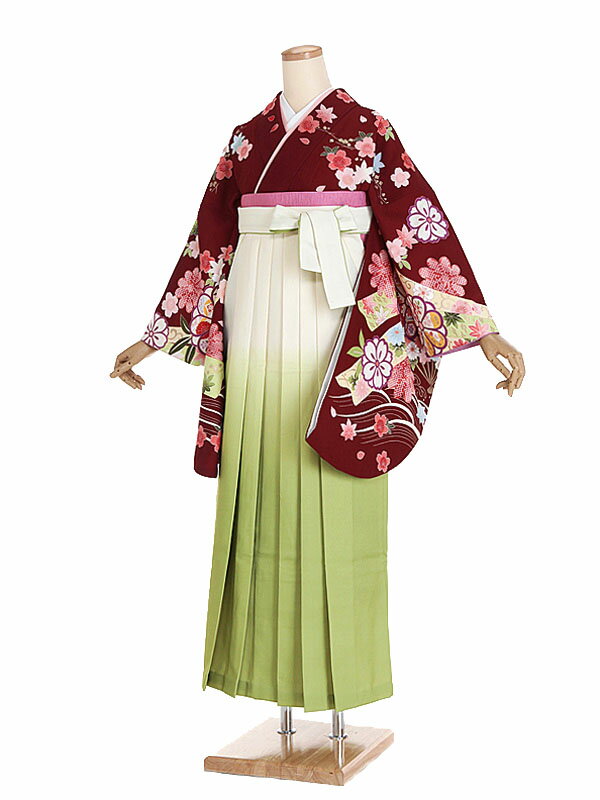 【レンタル】【卒業式袴 エンジ・四季花×アイボリー・黄緑袴】卒業式 袴 レンタル 卒業袴 女袴 卒業式袴セット 大学生 短大 教員 先生 二尺袖袴フルセット 専門学生 謝恩会 高校 文化祭 個性 おしゃれ 被らない 往復送料無料 n490