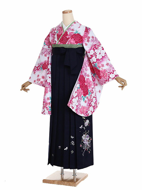 【レンタル】【卒業式袴 白・洋花×刺繍・紺袴】卒業式 袴 レンタル 卒業袴 女袴 卒業式袴セット 大学生 短大 教員 先生 二尺袖袴フルセット 専門学生 謝恩会 高校 文化祭 個性 おしゃれ 被らない 往復送料無料 n510