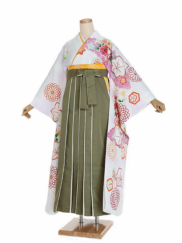 【レンタル】【卒業式袴 白・四季花×カーキ袴】卒業式 袴 レンタル 卒業袴 女袴 卒業式袴セット 大学生 短大 専門学生 謝恩会 高校 文化祭 個性 おしゃれ 被らない 往復送料無料 n559