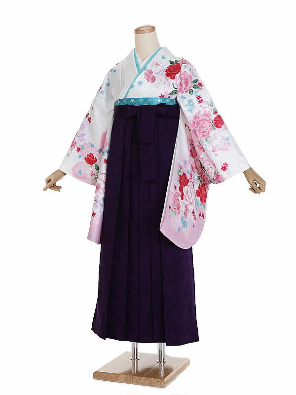 【レンタル】【卒業式袴 白・牡丹×紫袴】卒業式 袴 レンタル 卒業袴 女袴 卒業式袴セット 大学生 短大 教員 先生 二尺袖袴フルセット 専門学生 謝恩会 高校 文化祭 個性 おしゃれ 被らない 往復送料無料 n589