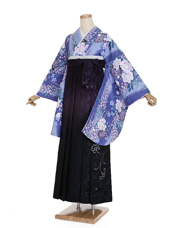 【レンタル】【卒業式袴 青・藤牡丹×ビーズ・紫袴】卒業式 袴 レンタル 卒業袴 女袴 卒業式袴セット 大学生 短大 教員 先生 二尺袖袴フルセット 専門学生 謝恩会 高校 文化祭 個性 おしゃれ 被らない 往復送料無料 n596