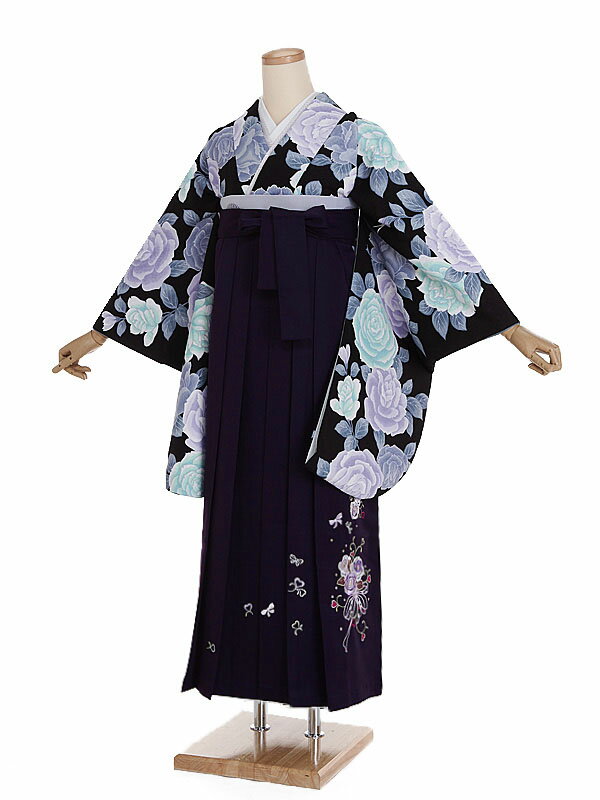 【レンタル】【卒業式袴 黒・洋花×刺繍・紫袴】卒業式 袴 レンタル 卒業袴 女袴 卒業式袴セット 大学生 短大 教員 先生 二尺袖袴フルセット 専門学生 謝恩会 高校 文化祭 個性 おしゃれ 被らない 往復送料無料 n605