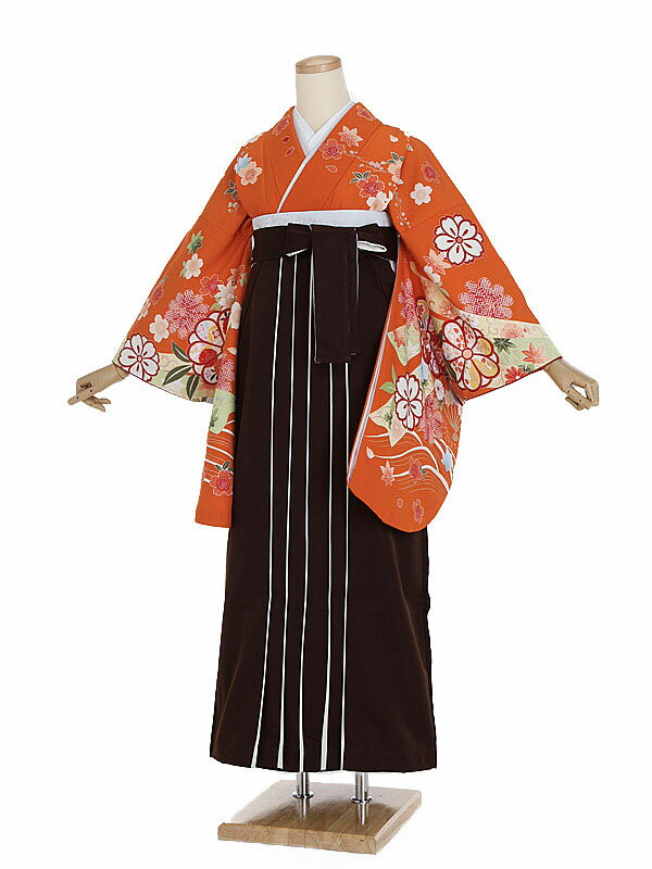【レンタル】【卒業式袴 オレンジ・四季花×茶袴】卒業式 袴 レンタル 卒業袴 女袴 卒業式袴セット 大学生 短大 教員 先生 二尺袖袴フルセット 専門学生 謝恩会 高校 文化祭 個性 おしゃれ 被らない 往復送料無料 n621
