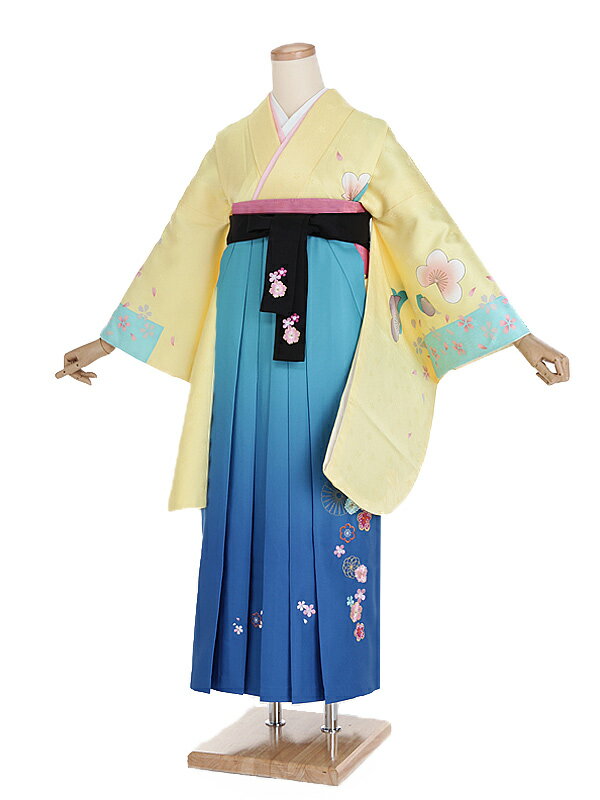 【レンタル】【卒業式袴 黄・桜花×刺繍・水色袴】卒業式 袴 レンタル 卒業袴 女袴 卒業式袴セット 大学生 短大 教員 先生 二尺袖袴フルセット 専門学生 謝恩会 高校 文化祭 個性 おしゃれ 被らない 往復送料無料 n626
