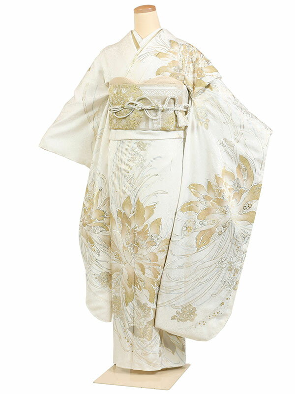 【成人式 】 レンタル 振袖 身長：155～165cm 正絹 白系 金彩 着物 振り袖 フルセット f-811s