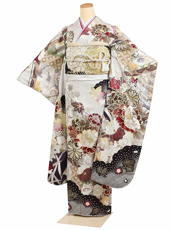 【成人式 】 レンタル 振袖 身長：155～165cm 正絹 グレー系 古典 着物 振り袖 フルセット f-813s