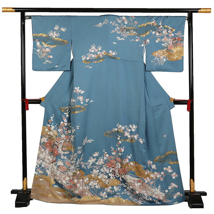 【レンタル】【青系 四季花 御所車 】 訪問着レンタル 訪問着セット レンタル訪問着 着物レンタル 貸衣装 結婚式 入学式 卒業式 お宮参り 七五三 お母さん ママ 母親 パーティー 結納 お茶会 安い 往復送料無料 h-1032